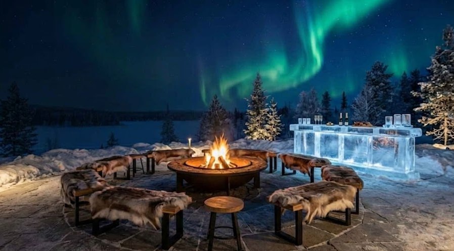 Outdoor kitchen — fire pit and lake-ice bar under the aurora